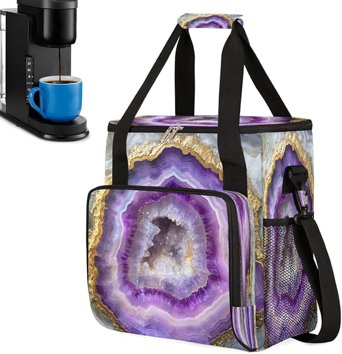 Purple Gold Marble Coffee Maker Carring Bag Travel Carrying Storage Tote Bag Compatible with Keurig K-Mini or K-Mini Plus Portable Single Serve Coffee Brewer Case with Pockets for K-cup Pods