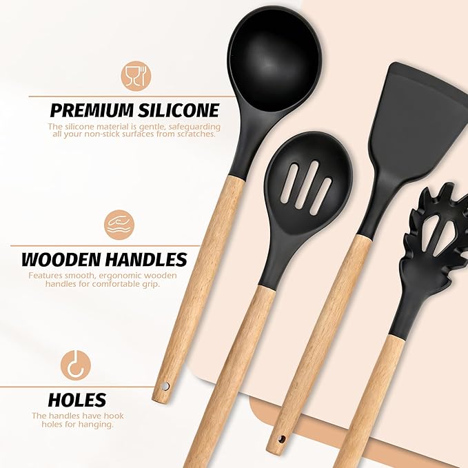 BlingKingdom Premium Silicone Cooking Utensil Set 24-Piece Non-stick Kitchen Cooking Utensils with Wooden Handle 446°F Heat Resistant Silicone Kitchen Utensil Tool for Nonstick Cookware - Black