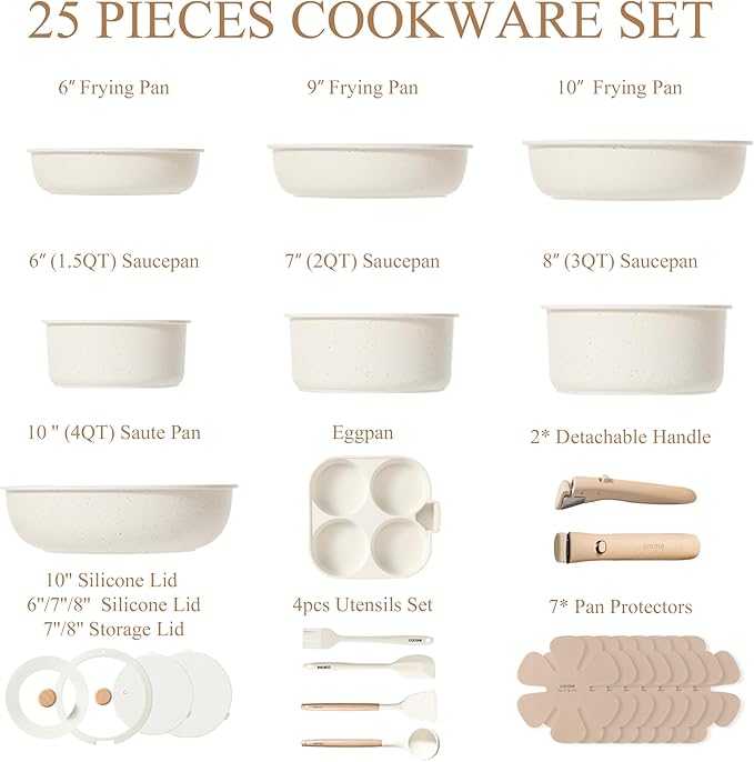 CAROTE Pots and Pans Set Non Stick Cookware Sets Kitchen Set Oven/Dishwasher/Fridge Safe Space Saving Pots Set Nonstick Set with Versatile Detachable Handle Induction RV Set Cream