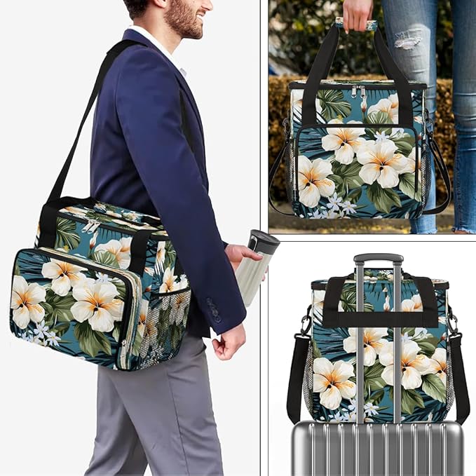 White Flowers Coffee Maker Carring Bag Travel Carrying Storage Tote Bag Compatible with Keurig K-Mini or K-Mini Plus Portable Single Serve Coffee Brewer Case with Pockets for K-cup Pods