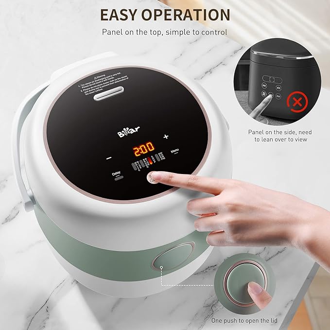 Bear Rice Cooker 3 Cups (Uncooked) 3D Heating and Fuzzy Logic Healthy Nonstick Small Rice Cooker PFAS-Free Touch-Screen for White/Brown Rice Quinoa Oatmeal Soup
