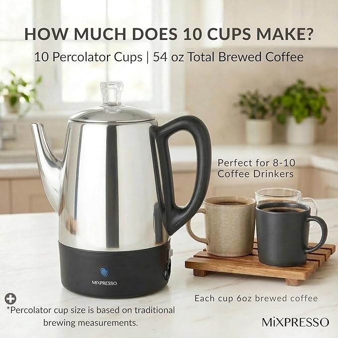 Mixpresso 10 Cup Percolator Coffee Pot Electric Stainless Steel Coffee Percolator Electric With Keep Warm Function Classic Perculator Pot With Removable Basket for Home or Office