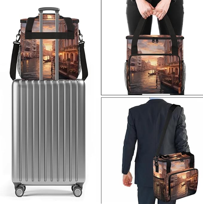 Water City Landscape Coffee Maker Travel Bag for Keurig K-Mini/K-Mini Plus Insulated Waterproof Tote with Pockets for K-Cup Portable Single-Serve Brewer Case