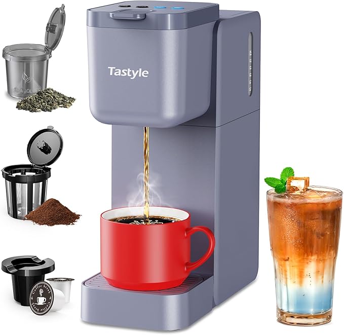 Single Serve Coffee Maker for K Cup Ground and Tea Hot and Iced Coffee Machines with Bold Setting 6 to 16 Oz Brew Sizes Compact for Small Spaces Gray (2.0 Version)