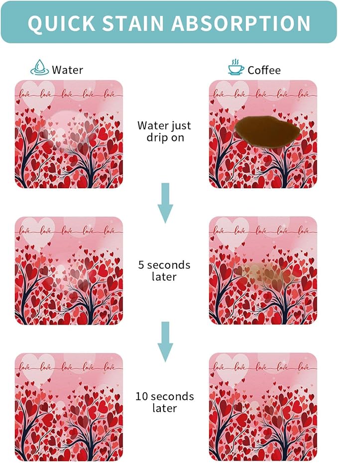 Valentine's Day Coffee Mat Coffee Bar Mat for Countertops Red Love Heart Trees and Branches Absorbent Coffee Maker Mat Rubber Backed Dish Drying Mat for Coffee Espresso Machine Coffee Maker 16x24