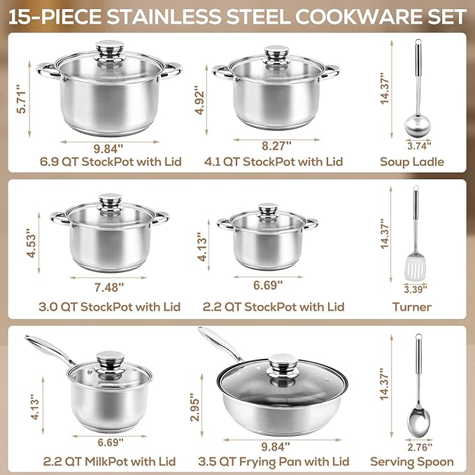 Stainless Steel Cookware Set - 15 Pieces Pots and Pans Nonstick Pot and Pan Set Includes 1 Frying Pans 5 Pots 6 Lids and 3 Utensils with Stay Cooling Handle Induction &amp Oven Safe