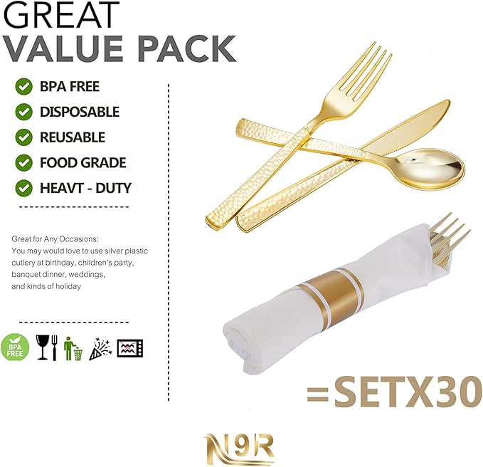 N9R 30 Pack Pre Rolled Gold Plastic Cutlery Set Wrapped Plastic Silverware Set with 30 Forks 30 Knives 30 Spoons and 30 Napkins Disposable Cutlery Set for Party and Wedding