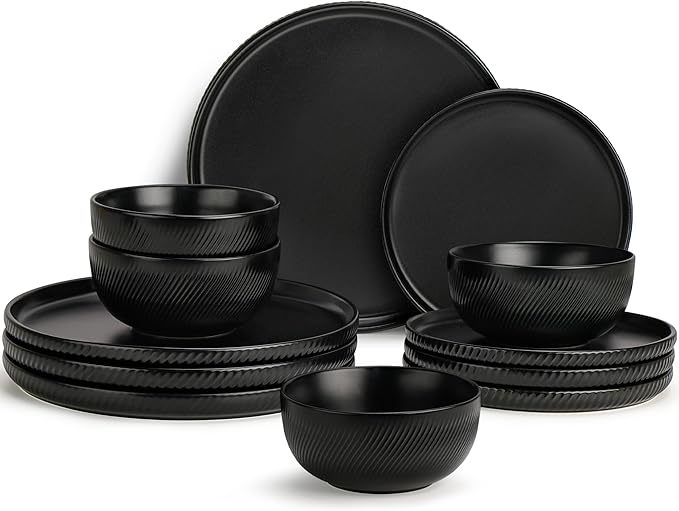 Matte Black Plates and Bowls Set 12pcs Stoneware Dinnerware Sets for 4 Dishwasher and Microwave Safe Ceramic Dishes Set Ribbed Obsidian Night