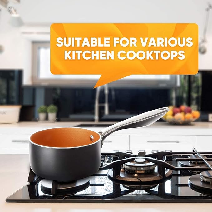 MICHELANGELO 8 Inch Frying Pan + 1 Quart Saucepan with Lid 2-Piece Copper Nonstick Cookware Set with Lid