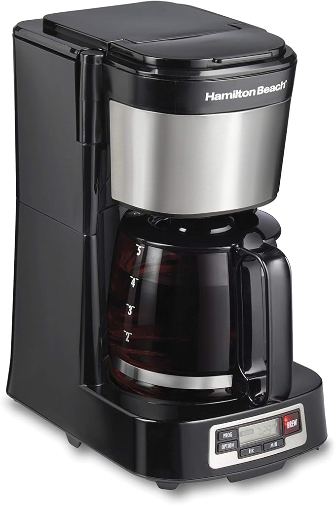 Hamilton Beach 5 Cup Drip Coffee Maker with Easy FrontFill Basket Compact Design Programmable Clock Glass Carafe Auto Pause and Pour Black &amp Stainless Steel (46111)