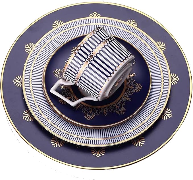 European Style Dinnerware Set Service for 2 Bone China Dinnerware Sets Unbreakable Porcelain Dinner Sets Coffee Cup and Saucer Tableware Set Steak Dinner Plates Dish Set Blue Gold