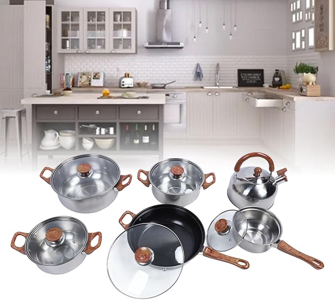 AUNMAS Stainless Steel Cookware Set Multifunctional Wooden Grain Kitchen Pots Pans Set with Kettle Long Service Life for Home Use