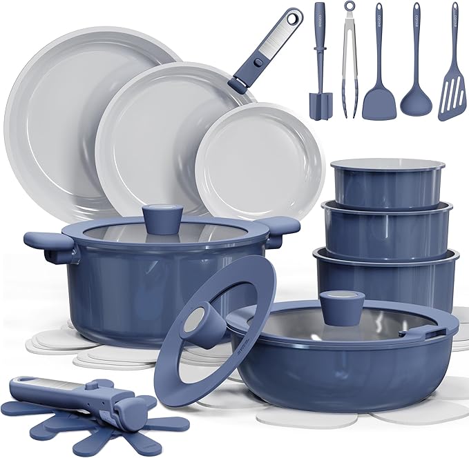 CAROTE 27pcs Ceramic Cookware Set Nonstick Pots and Pans Set Non Stick Non Toxic Cookware Detachable Handles Dishwasher/Oven Safe RV/Camping Cookware Pan and Pot with Kitchen Utensils Navy Blue