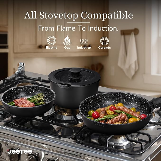 JEETEE Pots and Pans Set Non Stick 17pcs Kitchen Cookware Sets with Detachable Handle Induction Nonstick Cookware Set with Removable Handle Stackable RV Cookware Oven Safe PFAS/PFOA Free Black