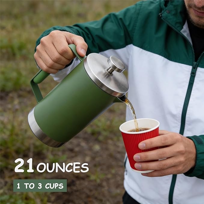 Stainless Steel French Press Coffee Maker 21OZ 600ml Coffee Press Tea Press for Personal Office TravelCamping (Green 1-3 Cups)