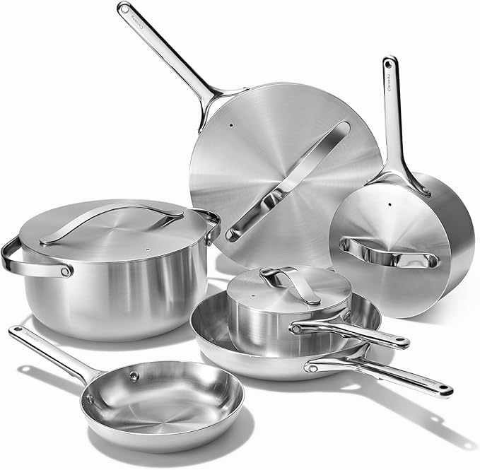 Caraway Stainless Steel Deluxe Cookware Set (16 Piece) - 5-Ply Stainless Steel Pots Frying Pans Lids and Kitchen Storage - Non Toxic PTFE &amp PFOA Free