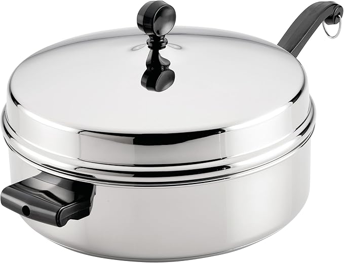 Farberware Classic Series Anniversary Edition Stainless Steel Sauté Pan and Lid with Helper Handle Induction Suitable 6 Quart Jumbo Cooker Metal Utensil Safe - Stainless Steel