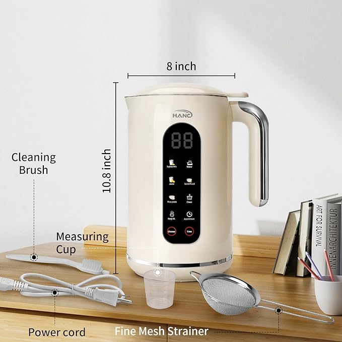 HANC 42oz Nut Milk Maker Machine 8 in 1 Silent Automatic Soy Milk Maker Homemade Soy Milk Oat Puree Almond Milk Maker with Delay Start/Keep Cream Warm/Boil Water/Self-Cleaning Cream
