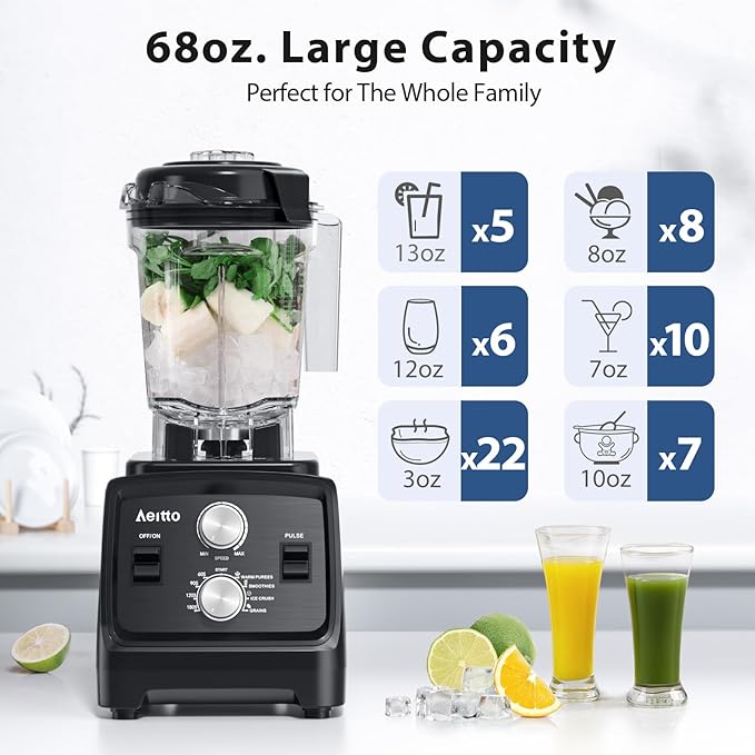Aeitto Blenders for Kitchen with 1800W Motor 68Oz. Large Capacity 2-in-1 Blender &amp Grinder Combo BPA-Free Countertop Professional Blender for Smoothies Ice Crush Frozen Drinks Black
