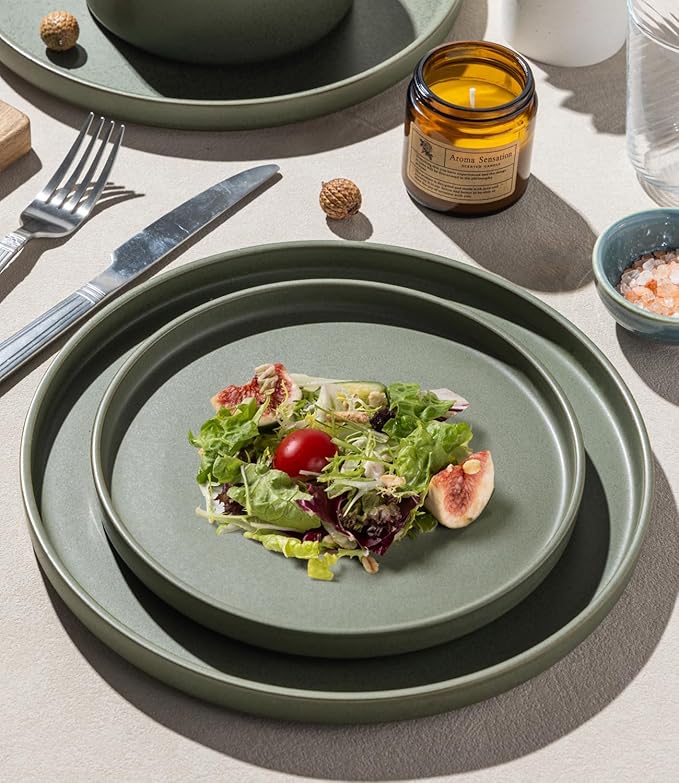 LERATIO Ceramic Dinnerware Sets for 4 High Edge Stoneware Plates and Bowls Set Chip and Crack Resistant | Oven &amp Dishwasher &amp Microwave Safe Dishes Set Service for 4 -Green