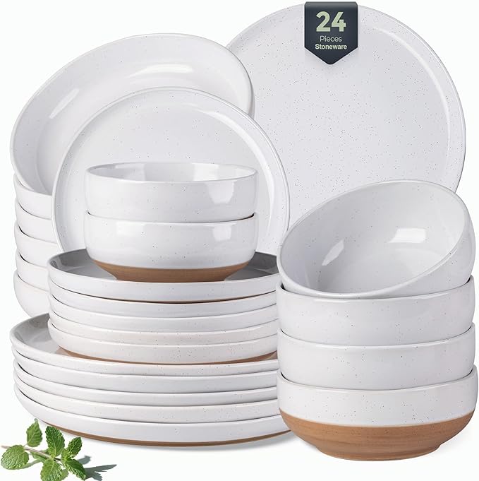 GBHOME 24-Piece Ceramic Dinnerware Set for 6 Handpainted Plates Pasta Bowls &amp Bowls Set with Rustic Terracotta Underside Scratch-Resistant Dishwasher &amp Microwave SafeSpeckled Glaze White