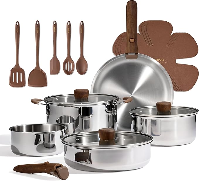 CAROTE 19pcs Stainless Steel Cookware Set with Detachable Handle Pots and Pans Set Induction Kitchen Cooking Sets RV/Camping Cookware Removable Handle Oven Safe Woodgrain