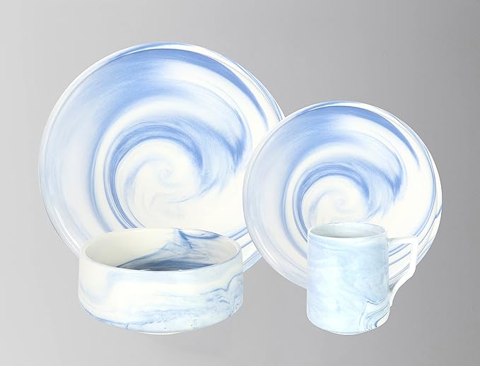 Fine China Artisan Marbled 16pc Dinner Set Blue