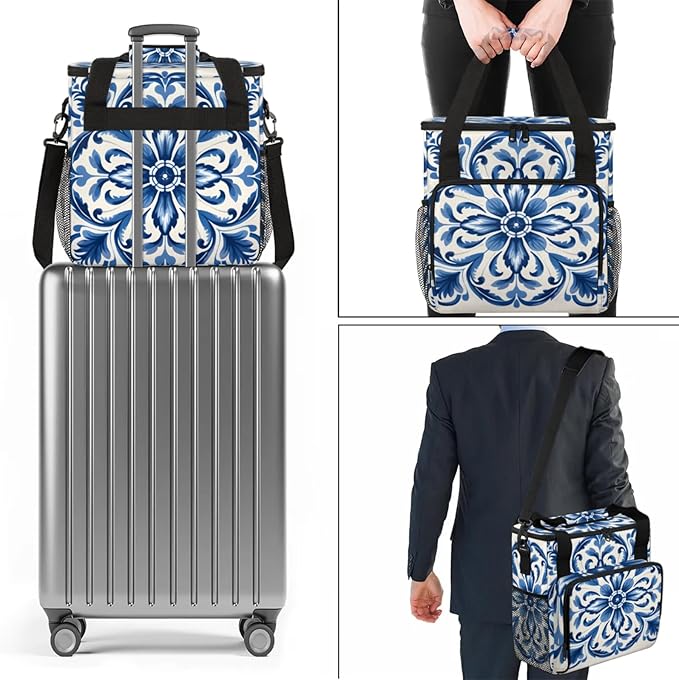 Classic Floral Print Coffee Maker Travel Bag for Keurig K-Mini/K-Mini Plus Insulated Waterproof Tote with Pockets for K-Cup Portable Single-Serve Brewer Case