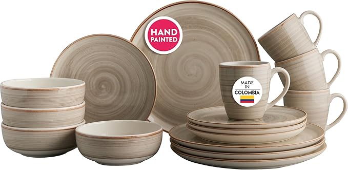 Corona 16-piece Rustic Aestethic Hand-Painted Versatile Ceramic Dinnerware Sets | Plates Bowls and Mugs | Service For 4 | Gray Caoba