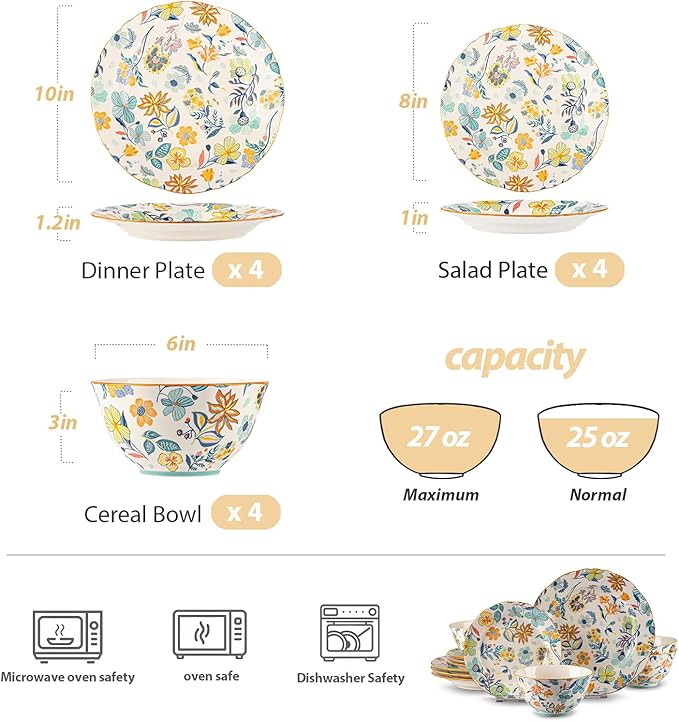 12-Piece Floral Pattern Ceramic Dinnerware Set (Service for 4) - High-Temp Fired Microwave &amp Dishwasher Safe Scratch-Resistant Kitchen Dining Plates Bowls Set