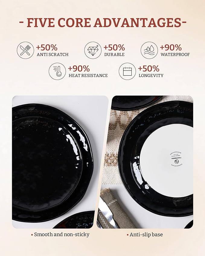 Famiware Porcelain kitchen plates and bowls set Modern dishes set for 6 Handmade Wave Edge Dinnerware Sets Microwave and Dishwasher Safe Tableware Glossy-black (24pc)