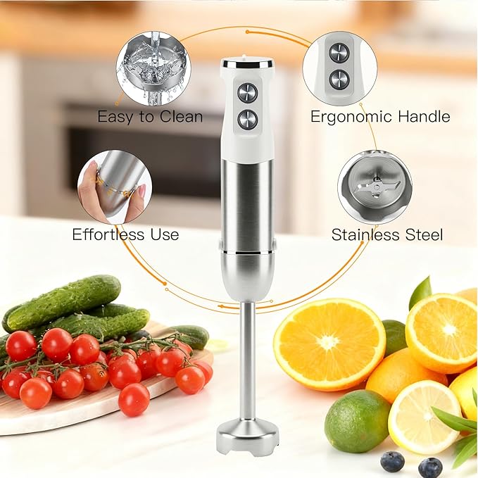 Megawise HB-2043 1000W 5-in-1 Immersion Hand Blender Powerful Stick Blender with Variable Speed &amp Turbo Stainless Steel Blades Includes Whisk Milk Frother Chopper &amp Beaker(White)
