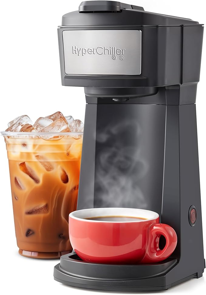 Elite Gourmet HyperChiller EHC210N Iced/Hot Coffee Maker K-Cup or Coffee Grounds 8 10 or 12oz Pours Removable K-Cup Holder and Reusable Mesh Filter Drip tray Black/Stainless-Steel