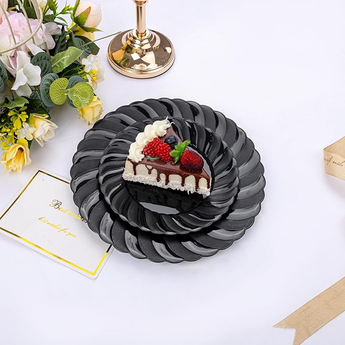 U-QE 100PCS Black Plastic Plates Heavy Duty Black Disposable Plates Including 50PCS 9inch Dinner Plates &amp 50PCS 6.5inch Dessert Plates -Hard Plastic Plates for Party Wedding Bridal Shower
