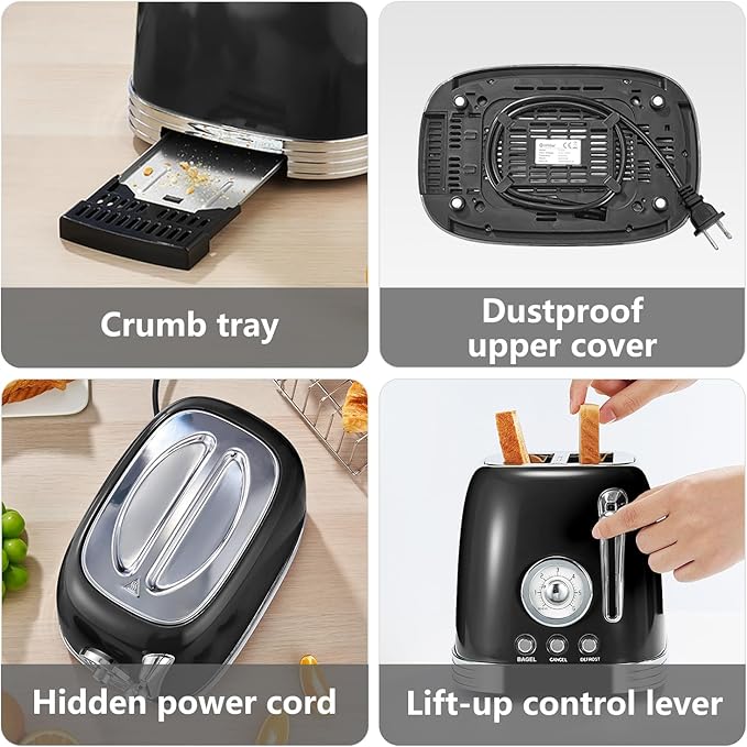Glossy Black Cute Retro Toaster 2 Slice with 1.58 Wide Slots Bread toaster with Cover and Warm Rack Stainless Steel Toaster with Removable Crumb Tray Preheat Defrost Cancel Function