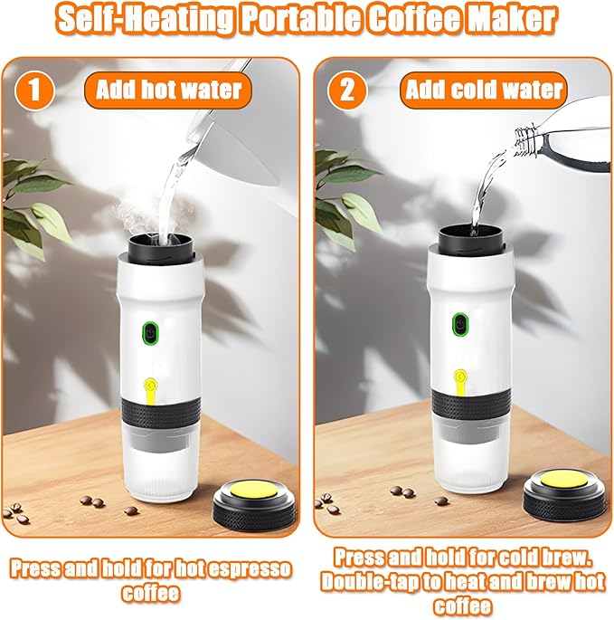 Portable Espresso Machine 3-in-1 Self-Heating Portable Coffee Maker for Travel with Rechargeable Battery Cordless Electric Mini Espresso Maker for RV Hiking Camping Office (White) (White)