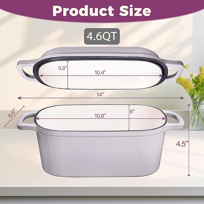 4.6-Quart Oval Dutch Oven 2 in 1 Cast Iron Bread Pan with Lid Sourdough Bread Dutch Oven for a Crispy Crust Oyster Grey