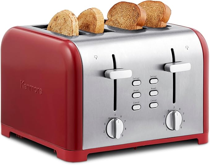 Kenmore toaster 4 slice - extra wide slot countertop kitchen appliance defrost function tostador de pan 9 shade settings compact design easy clean crumb tray bread bagel stainless steel &amp R