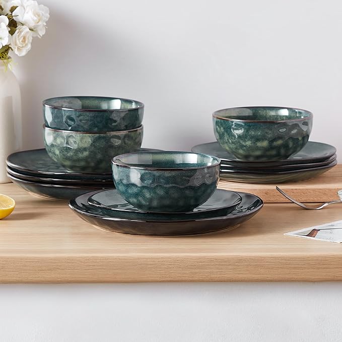 vancasso Starry Dinnerware Set for 4 Handmade Reactive Glaze Stoneware 12 Pieces Plates and Bowls Sets Dishwasher and Microwave Safe Dish Set Green