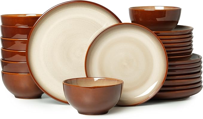 24 Piece Dinnerware Sets for 8 Modern Stoneware Plates and Bowls Sets Perfect for Family Gatherings &amp Holiday Celebrations Easy Cleaning Dish Set Stack Compactly Dinner Set Brown Yellow