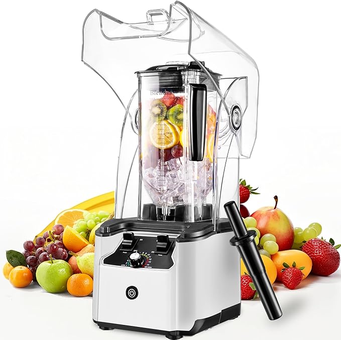 Commercial Blender for Smoothies With Quiet Shield 2.5HP Motor Stainless Steel Blade 80oz Pitcher for Shakes Smoothies Ice Crushing Frozen Drinks 15 Speeds Self-Cleaning White