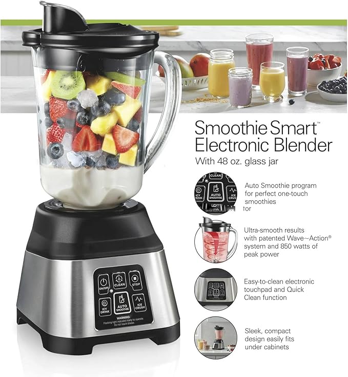 Electronic Countertop Blender with Auto Smoothie Program 48 oz Glass Jar 850W Peak Power Multi-Function Touch Controls