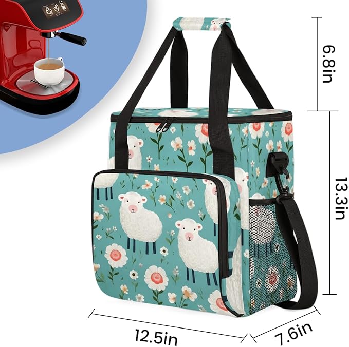 Sheep Flower Coffee Maker Carrying Bag Cute Sheep Travel Storage Bag Compatible with K-Mini or K-Mini Plus Single Serve Coffee Brewer Carrying Case with Multiple Pockets &amp Shoulder Strap