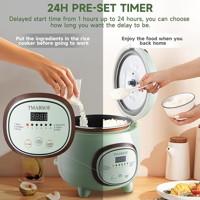 Rice Cooker 6 Cup (Cooked) Small Rice Cooker with 6 Cooking modes24-Hr Delay Timer and Auto Keep Warm Function Non-Stick Inner Pot1.6L Suitable For 1-3 People