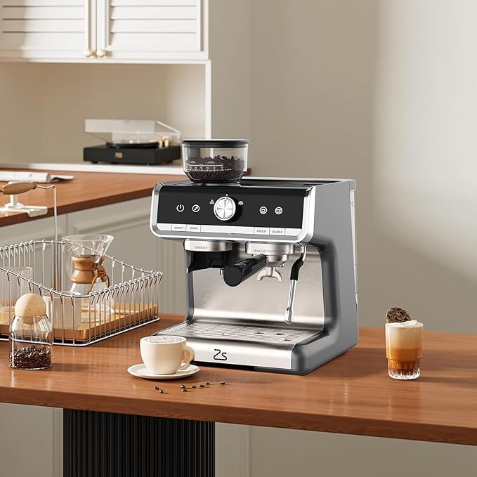 20 Bar Barista-Grade Espresso Machine with Conical Burr Grinder &amp Steam Wand - PID Control Stainless Steel Coffee Maker with 95oz Detachable Tank for Latte Cappuccino Home Cafe - Silver