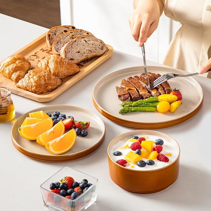 vancasso ONION Ceramic Plates and Bowls Sets 24 Pieces Grey Dinnerware Sets for Kitchen Reactive Glaze Dishes Set for 8 Dishwasher and Microwave Safe
