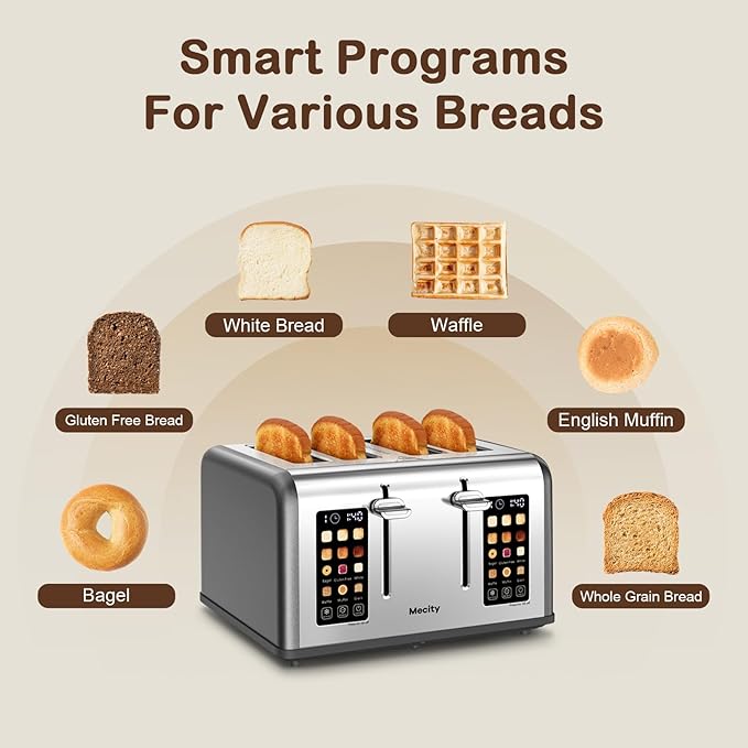 Mecity 4 Slice Toaster with Touch Screen Control 4 Wide Slots Stainless Steel Smart Bread Toaster for Bagels Muffins Waffles Dual Control Panel Timer Defrost Reheat 120V 1650W Pearl Grey