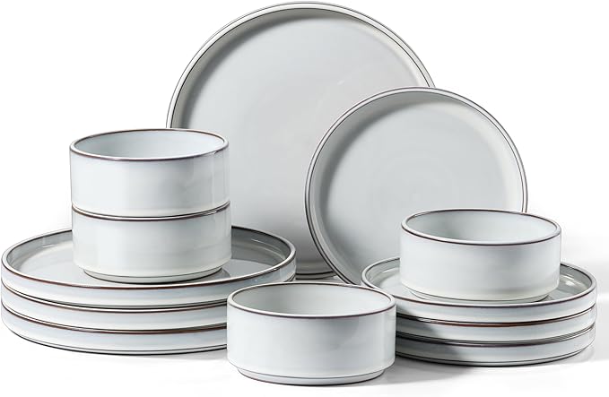 Vesteel 12-Piece Dinnerware Set Ceramic Plates and Bowls Sets Healthy Yixing Purple Clay Dishes Set Elegant &amp Durable Tableware Dishwasher &amp Microwave Safe - Moonlight White