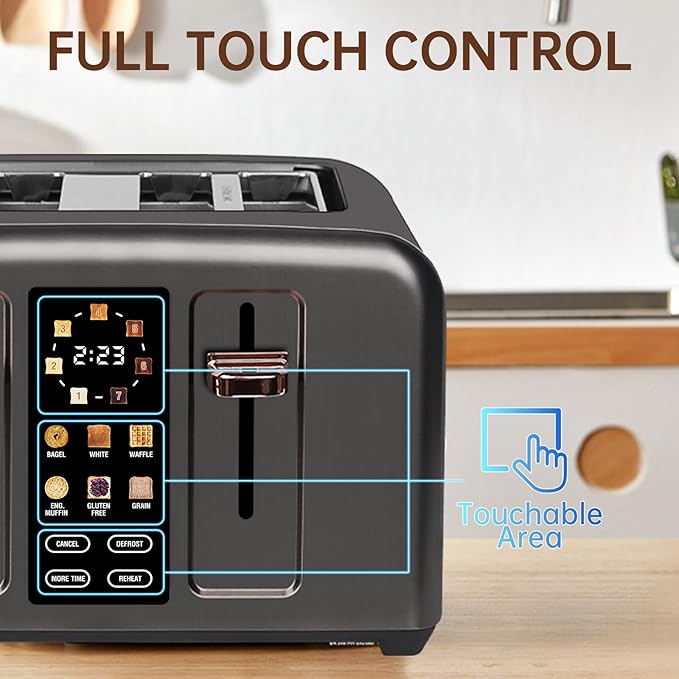 SEEDEEM Toaster 4 Slice Full Touch control Toaster LCD Display 6 Bread Type 7 Shade Settings 1.4''Wide SlotsMore Time Function Removable Crumb Tray 1800W Dark Metallic
