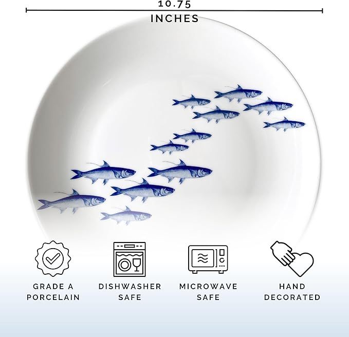 Caskata School of Fish Dinner Plates Set of 4 | High-Design Lead-Free Porcelain Dinnerware Plate Set | Blue Dinnerware Set for Entertaining Everyday Thanksgiving Wedding or Birthday Gifts | 10.75 in